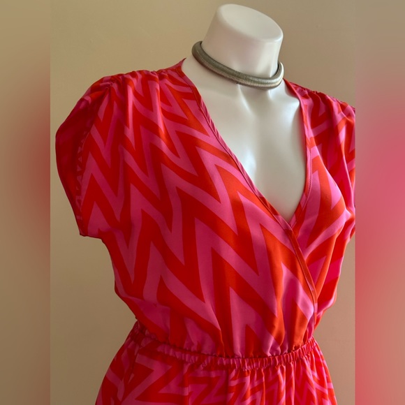 Amanda Uprichard Orange & Red Geometric V Neck Mini Dress 100% Silk Chev… - Picture 3 of 13